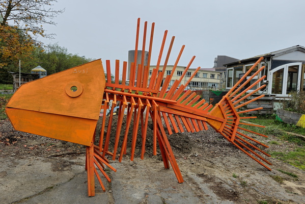 Sculpted in orange, a fish out of water