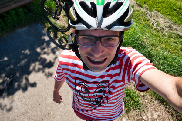red braces match the t-shirt
